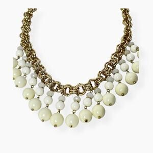 Ann Taylor Bib Necklace Dangle Ball Beads Tiered Cream White Gold Tone Statement